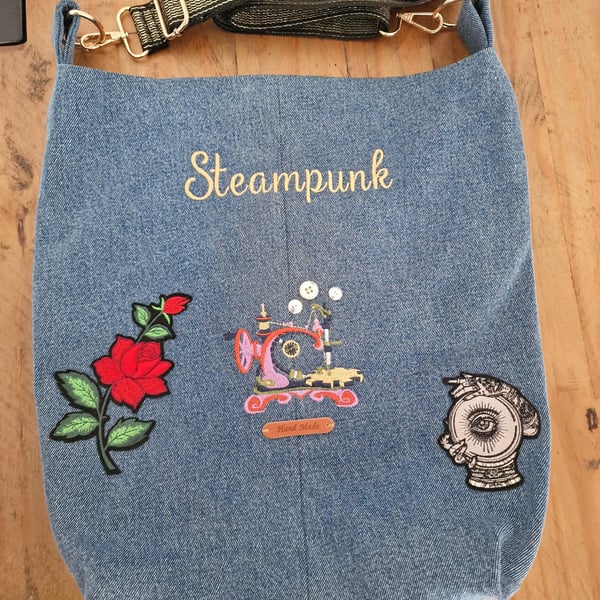 Handmade Steampunk Upcycled Denim Tote Bag