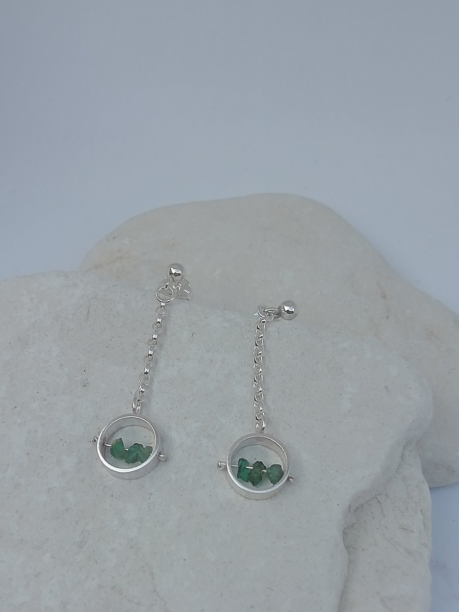 Raw Emerald Chips in a Ring Earrings 