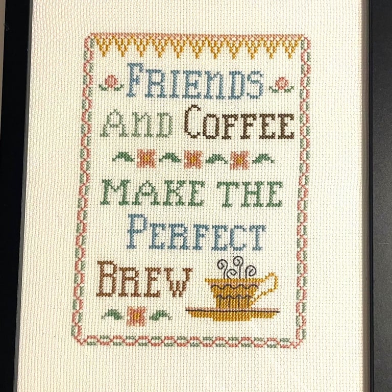 Framed cross stitch picture - "Friends and Coffee"