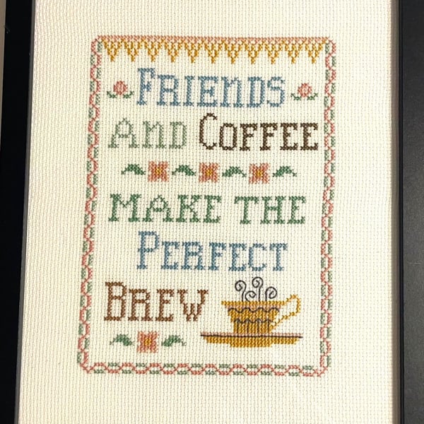 Framed cross stitch picture - "Friends and Coffee"
