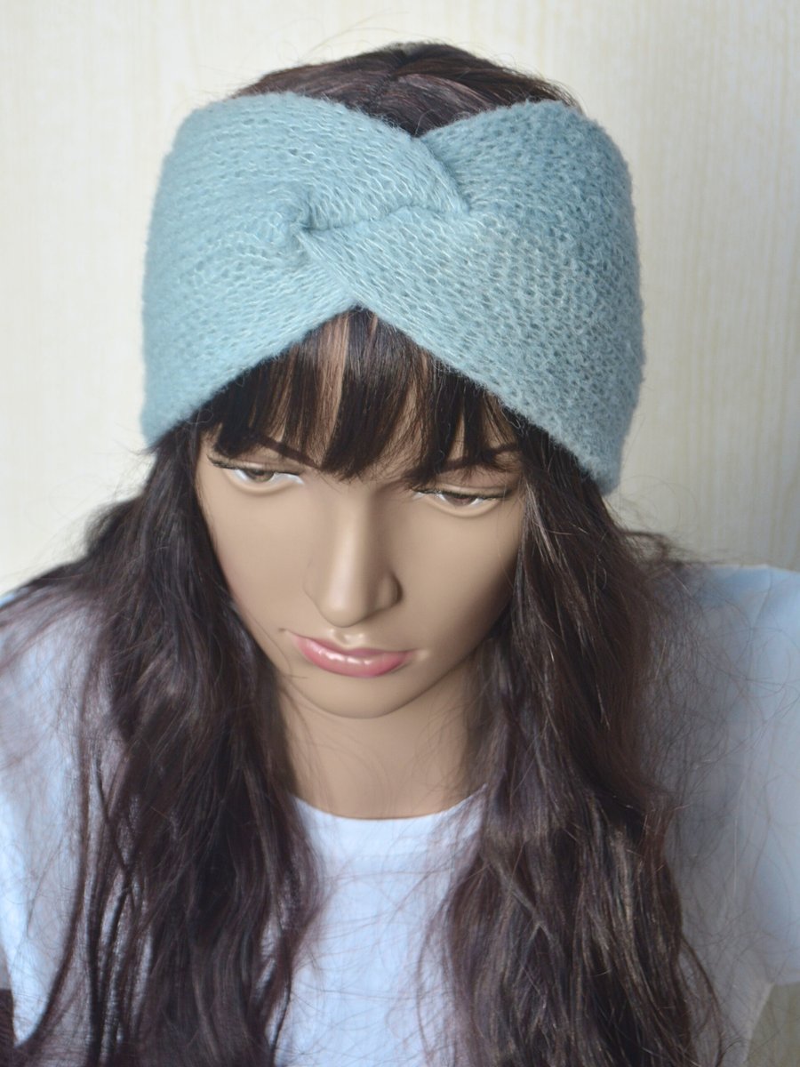 Knitted Headband Earwarmer Soft Alpaca Silk Morning Dew Blue Letterbox Gift