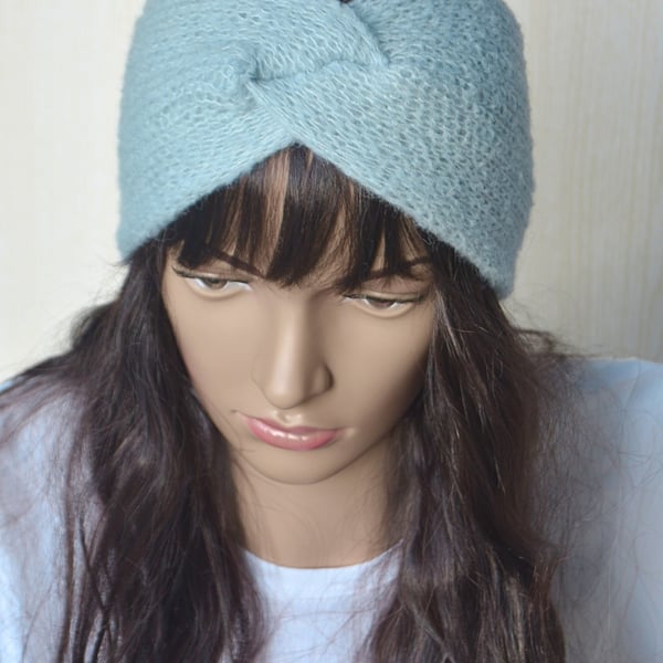 Knitted Headband Earwarmer Soft Alpaca Silk Morning Dew Blue Letterbox Gift