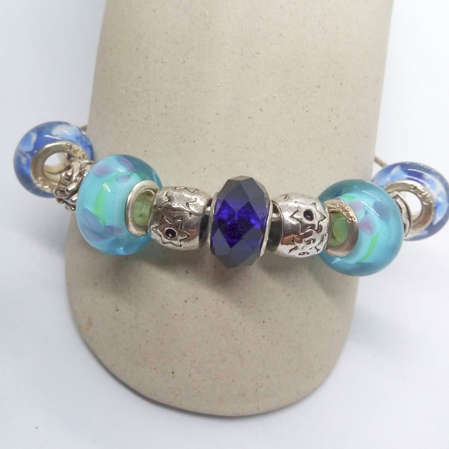 Rigid  Bangle with Blue Lampwork Beads & Silver Plated Spacers, Mothers Day Gift