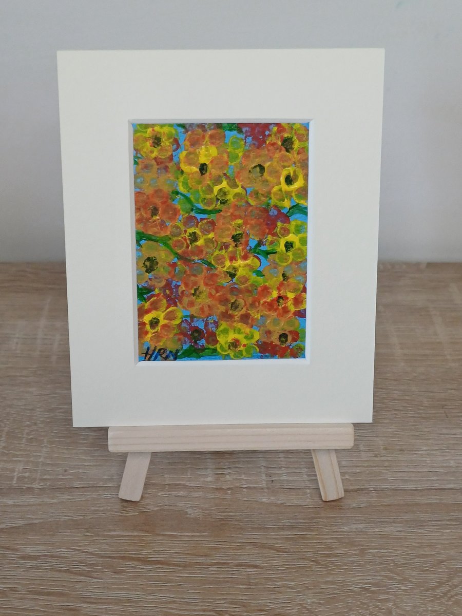Mini acrylic painting a crowd of flowers cream mount ready to display or frame