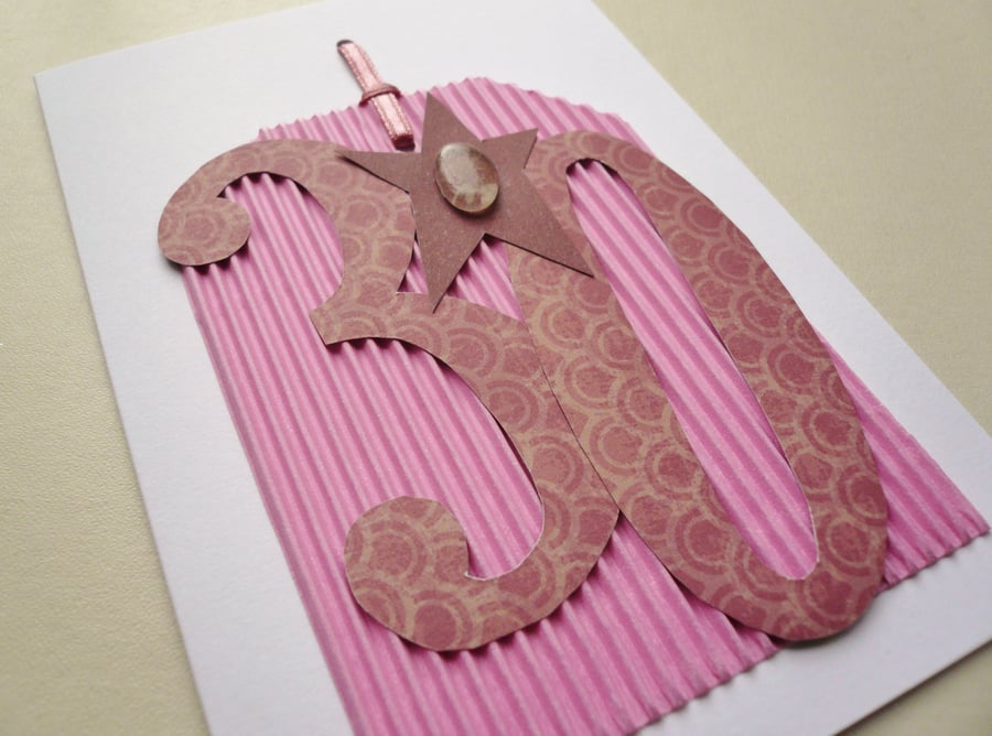 Pink Number 30 Sea Glass Embellished Greetings Card
