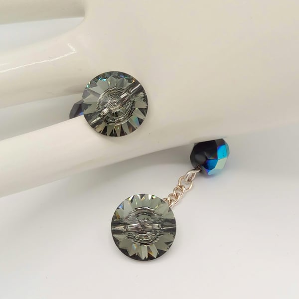 Round Silver Night Crystal Button Cuff Links, Gift for Him, Crystal Cuff Links