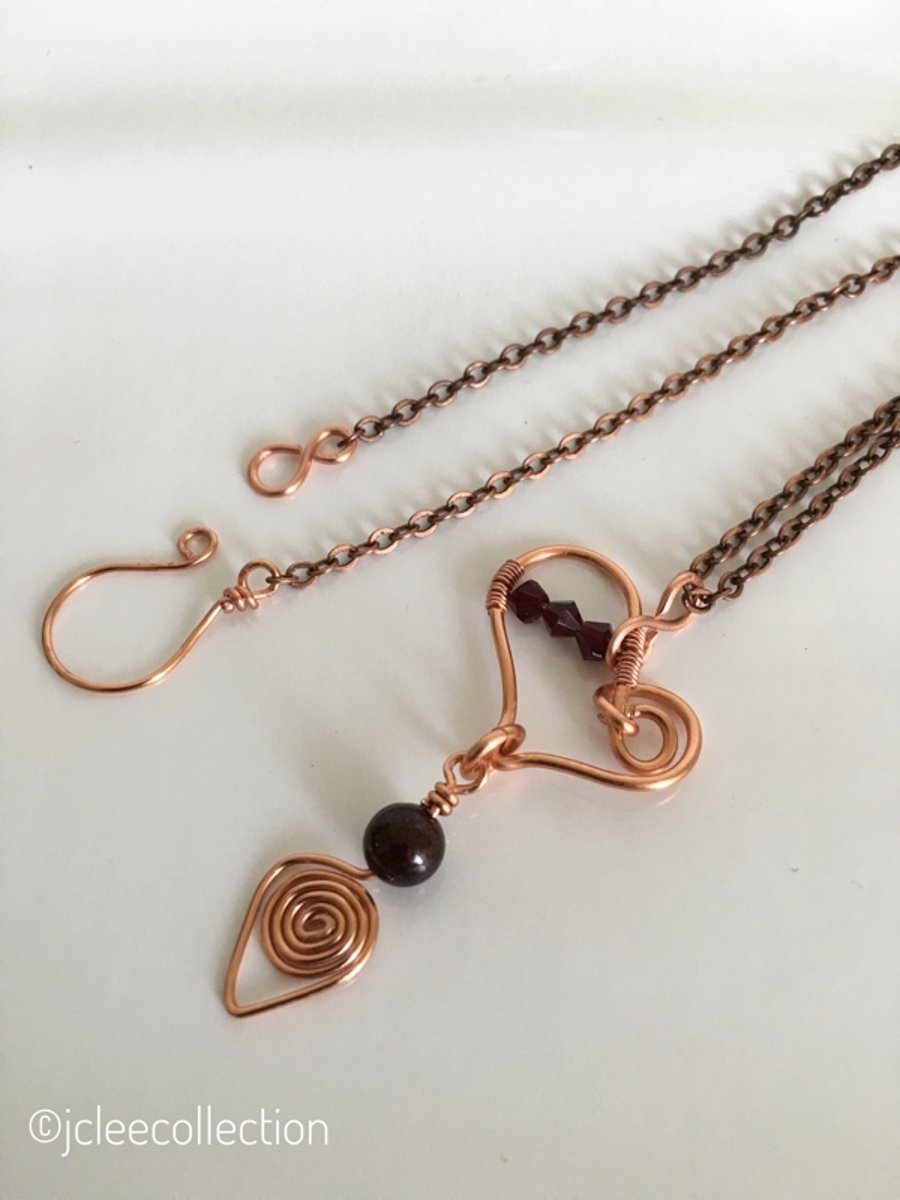 Copper Heart Necklace with Garnet Gemstones and Swarovski Crystals 17" Chain