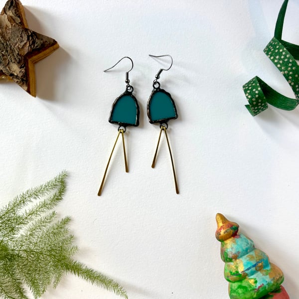 Statement Jewellery - deep marine blue stained glass & hammered brass earrings