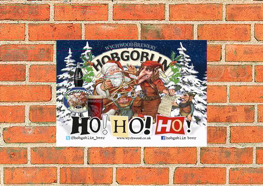 Hobgoblin 'Capture Santa' vintage style advertising metal beer sign. 2 different