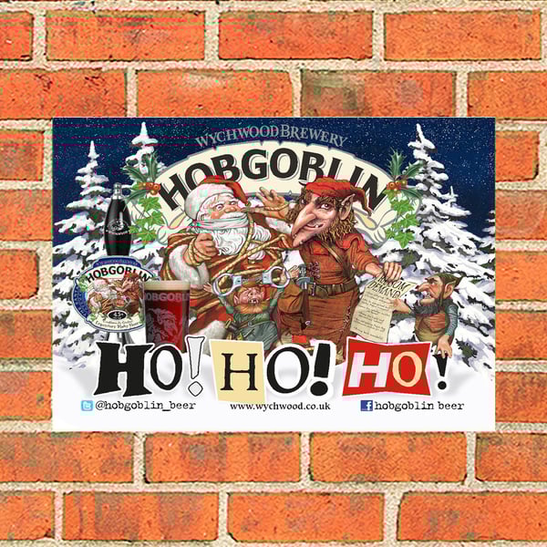 Hobgoblin 'Capture Santa' vintage style advertising metal beer sign. 2 different
