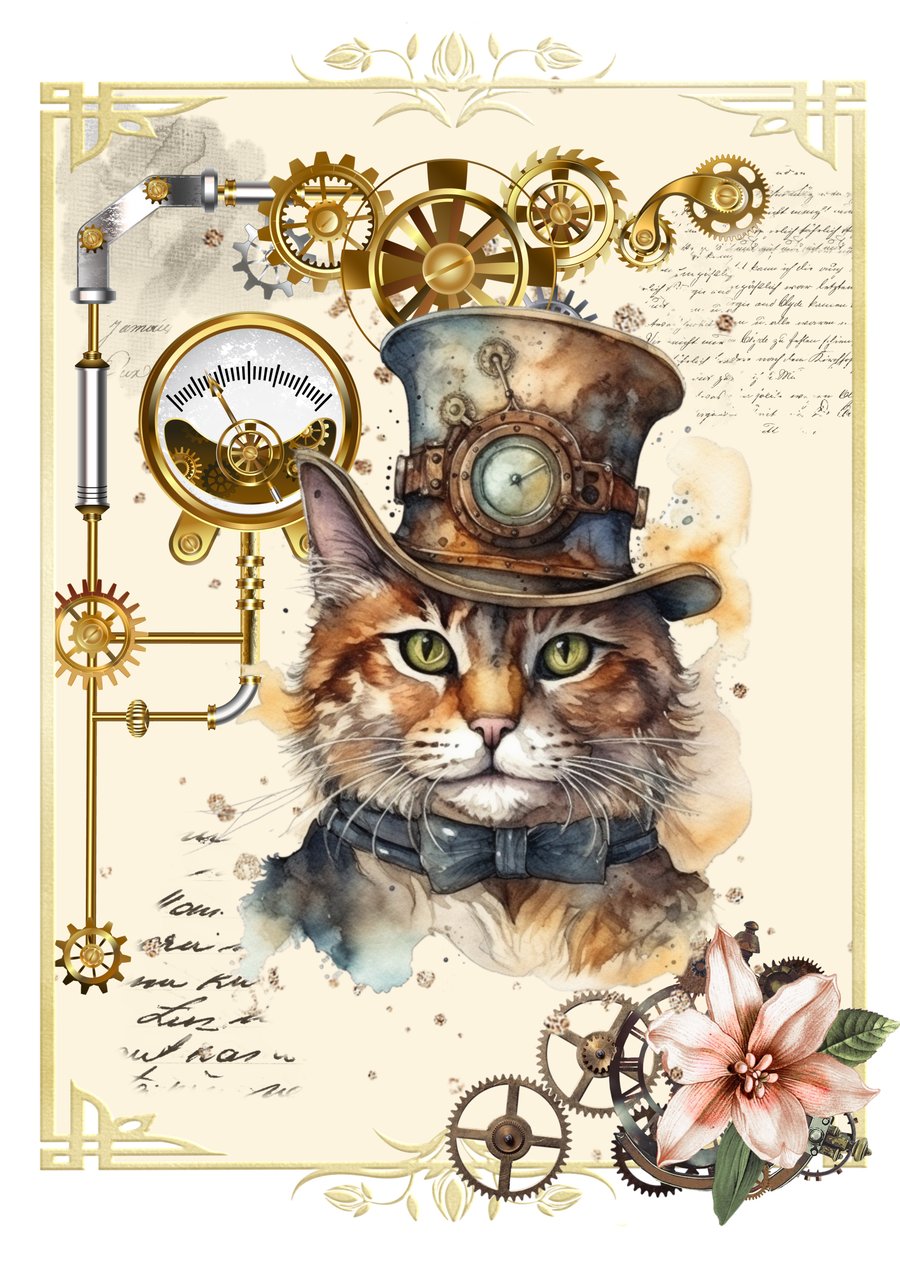 Steampunk Cat Blank Greeting Card. Cute Vintage Victorian Style for Cat Lovers!