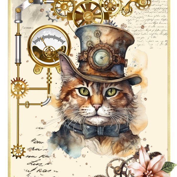 Steampunk Cat Blank Greeting Card. Cute Vintage Victorian Style for Cat Lovers!