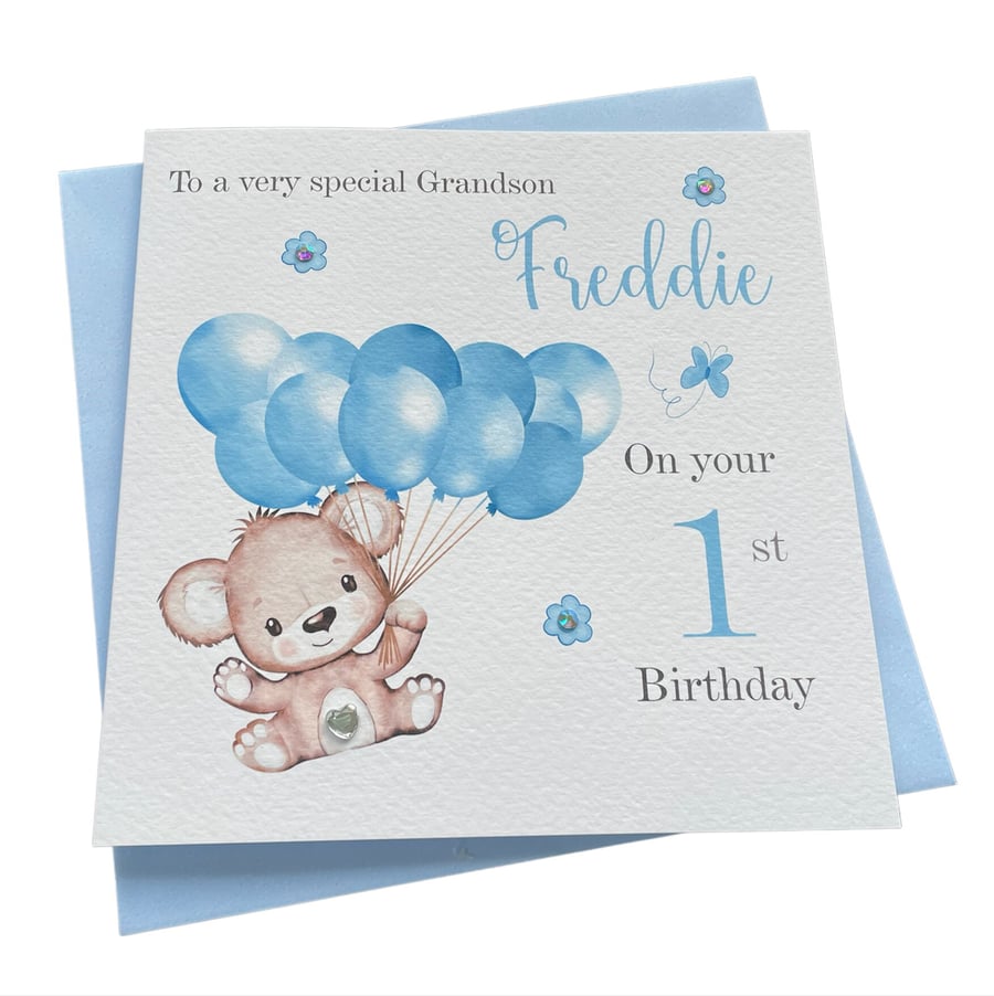 Personalised Handmade Teddy and Balloons 1st Birthday Card Boys- 1st 2nd 3rd and