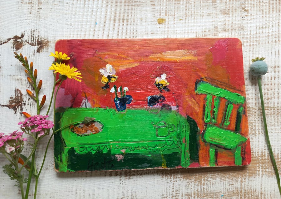 ' the bees came to tea ' small oil painting on reclaimed wood