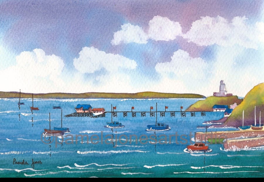 Boats, Mumbles Pier, Lighthouse, in 14 x 11 '' Mount