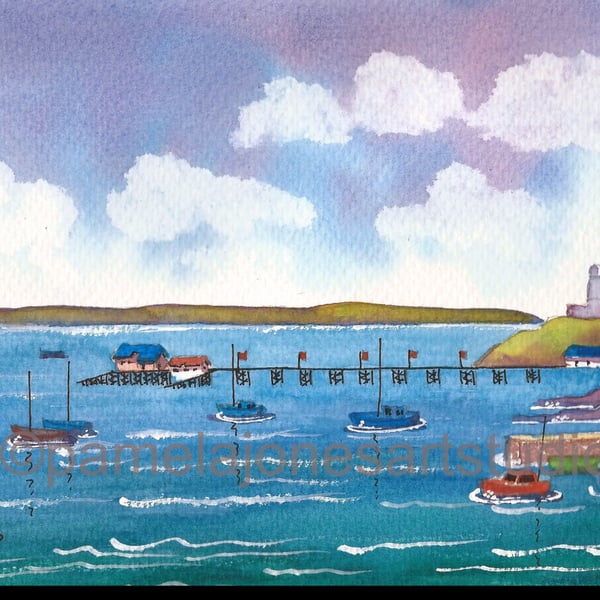 Boats, Mumbles Pier, Lighthouse, in 14 x 11 '' Mount