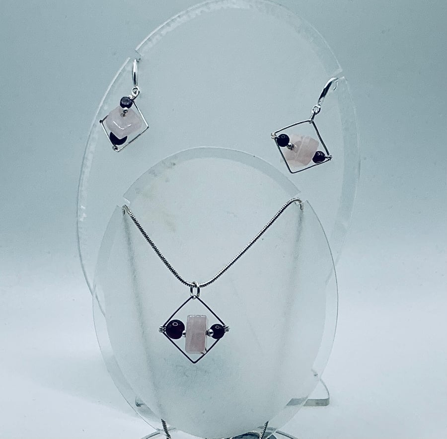 Dainty Rose Quartz and Garnet Gift Set of Necklace and Earrings