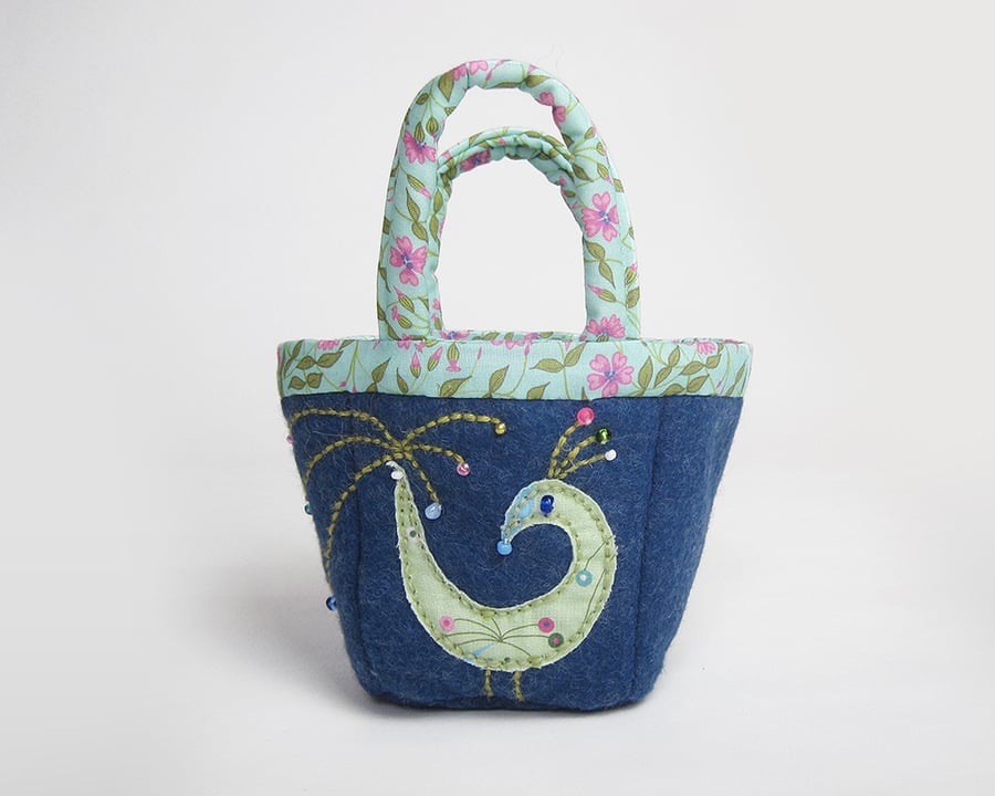 Tiny denim wool felt bag with bird appliqué 