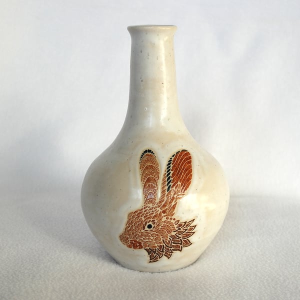 19-62 Stoneware pottery hand thrown vase with hare (Free UK postage)
