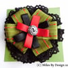 Green Ribbon & Black Lace Rosette Brooch