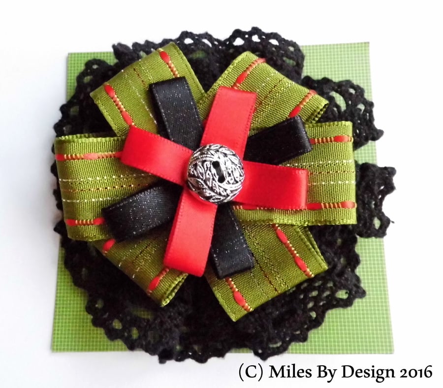 Green Ribbon & Black Lace Rosette Brooch