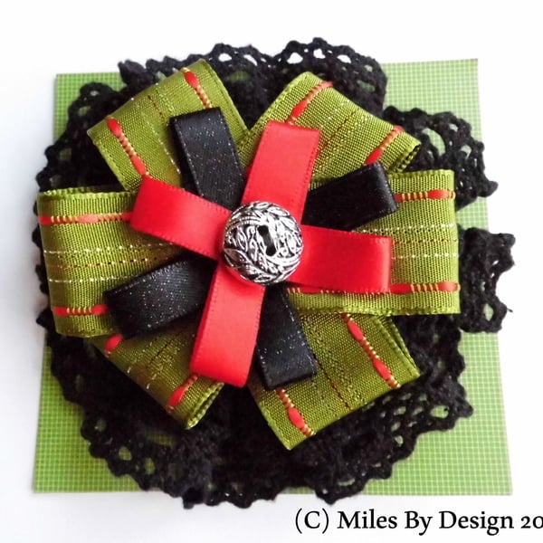 Green Ribbon & Black Lace Rosette Brooch