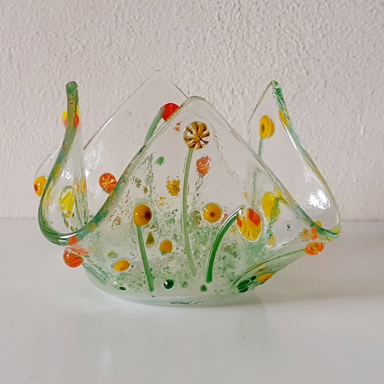 Fused glass floral tea light or candle holder - orange and yellow flowers