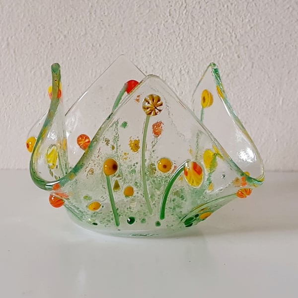 Fused glass floral tea light or candle holder - orange and yellow flowers