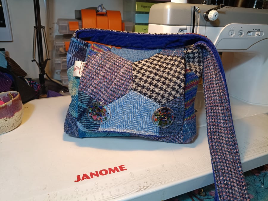 Harris tweed hexagonal patchwork bag with handmade glass buttons