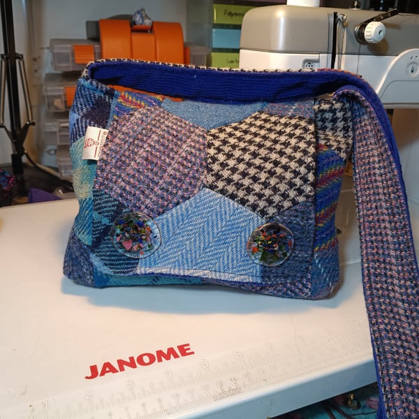 Harris tweed hexagonal patchwork bag with handmade glass buttons
