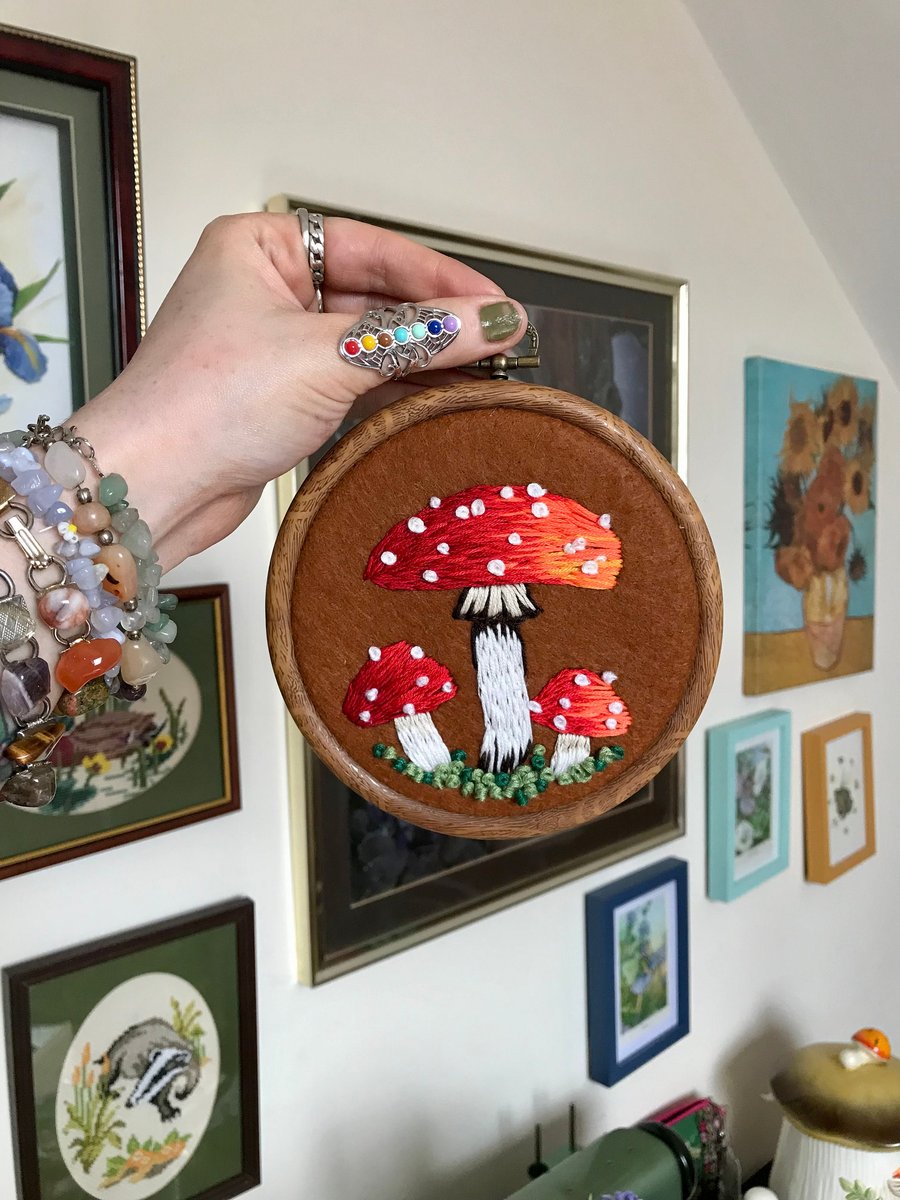 Fly agaric mushroom wall art hand embroidery