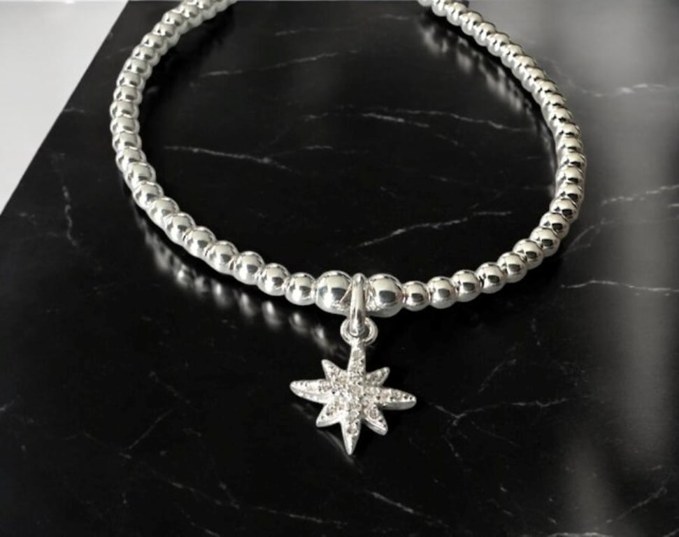 Sterling Silver CZ North Star Bracelet with Adjustable Slider Clasp