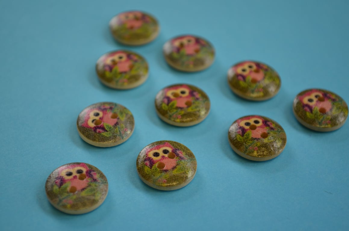 15mm Wooden Owl Buttons Green Pink 10pk Bird (SOW7)