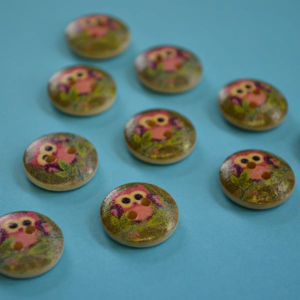15mm Wooden Owl Buttons Green Pink 10pk Bird (SOW7)