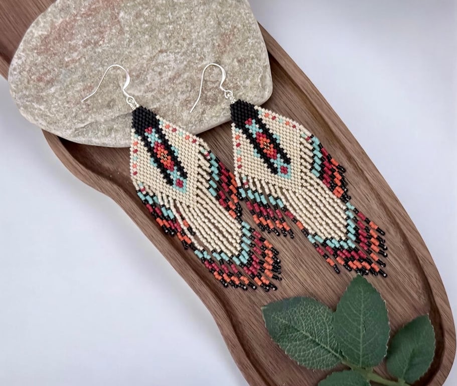 Handmade Miyuki Bead Fringe Earrings in a Native American Inspired Design