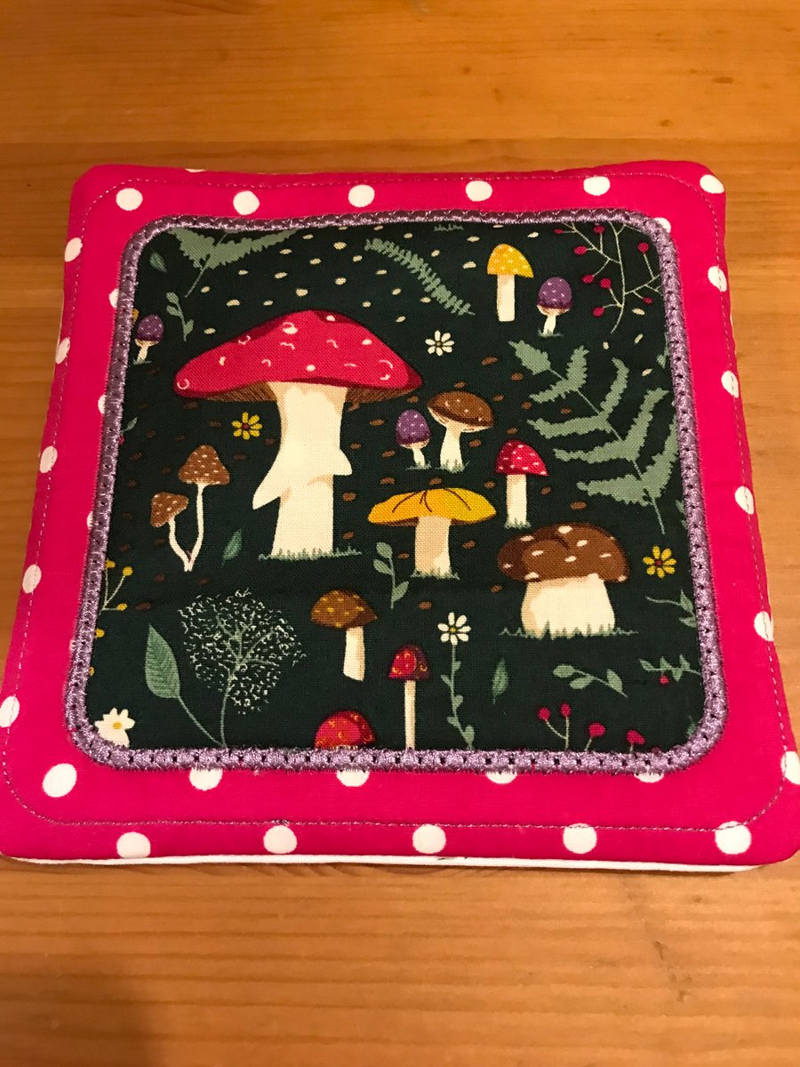 Large Quilted Mug Rug Coaster in Toadstool Fabric Perfect Coffee Table Mats