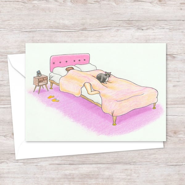 Cute Cat Greeting Card: Cosy Bed Cat Illustration (312)