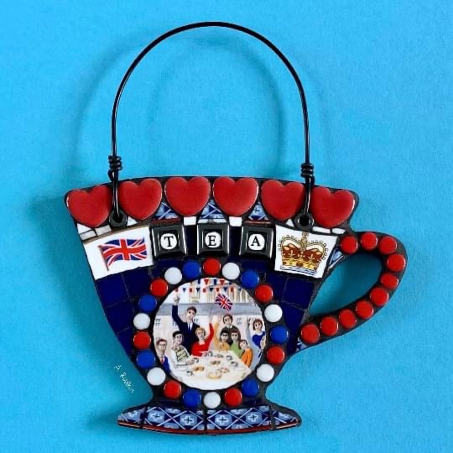 Patriotic British celebration pique assiette style teacup mosaic -Amanda Rudkin