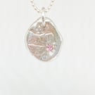 Pink Tourmaline Silver Hand-stamped Pendant   