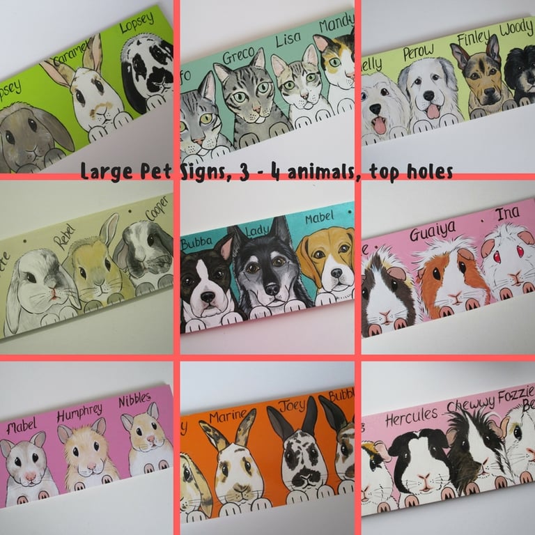 Pet Animal Portrait Hutch Shed Custom Painted Sign L top holes for 3 or 4 pets