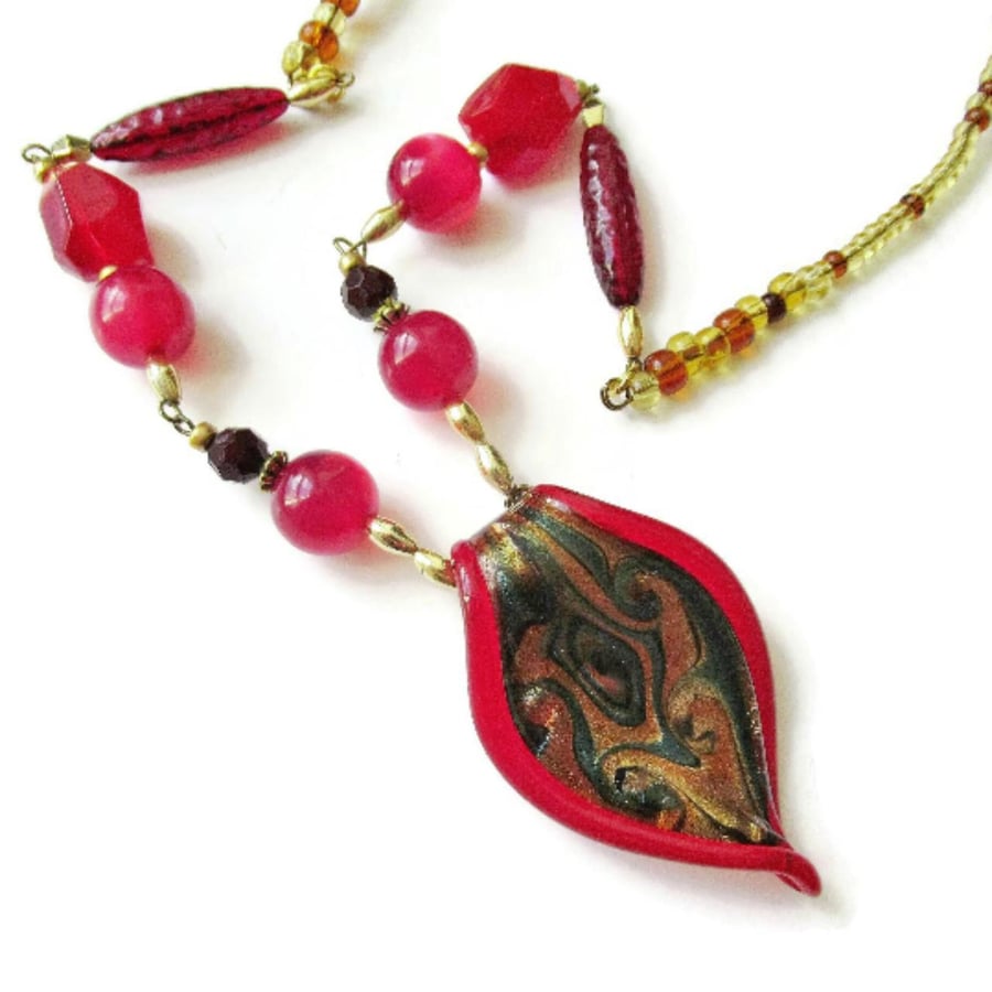 Glass Pendant Necklace Red Gold Blue Beaded Foiled Teardrop Shaped 