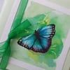 Hand painted blank greeting card - blue green butterfly & ribbon 