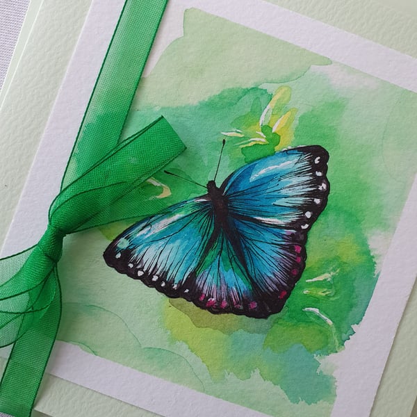 Hand painted blank greeting card - blue green butterfly & ribbon 