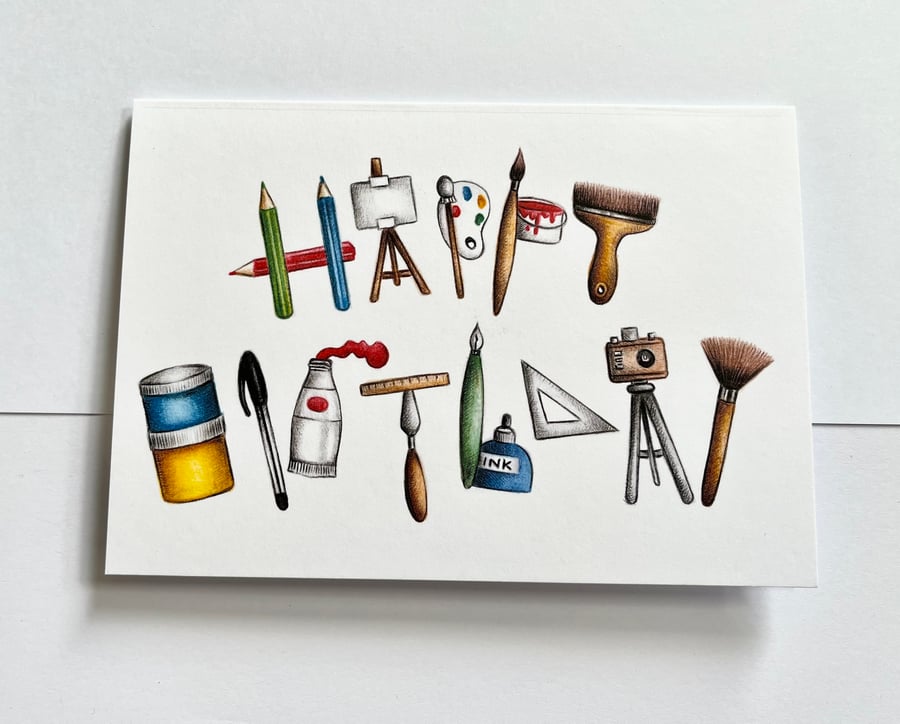 Birthday card for artist - art equipment spelling out Happy Birthday