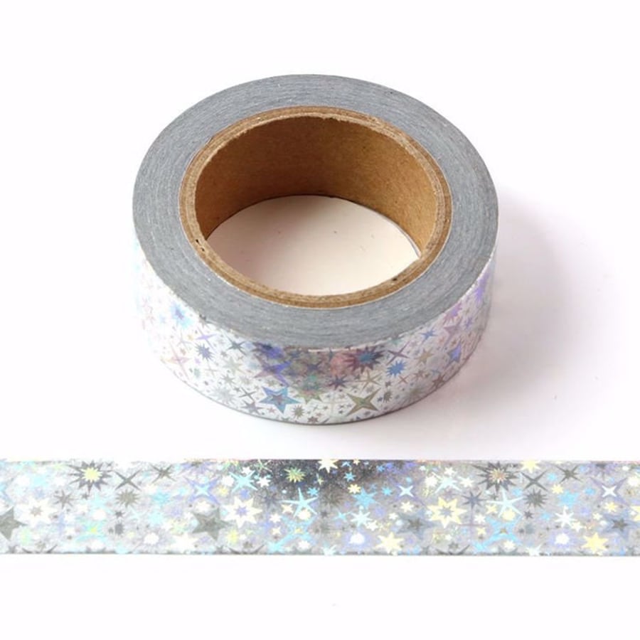 Holographic Colour Changing Silver Foil Stars Washi Tape Masking Trim 15mm x 10 