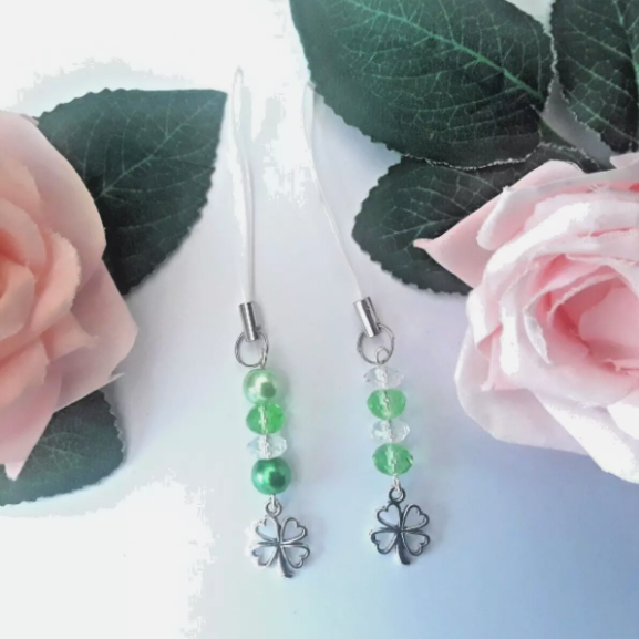 Good Luck Beaded Clover Phone Charm,Good Luck Zipper Charm, Good Luck Bag Charm 