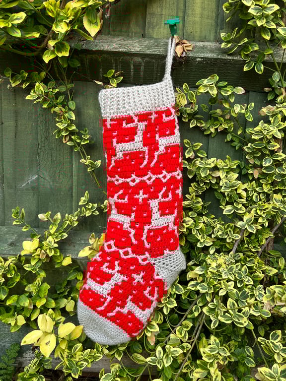 Handmade Red Reindeer Crochet Christmas Stocking