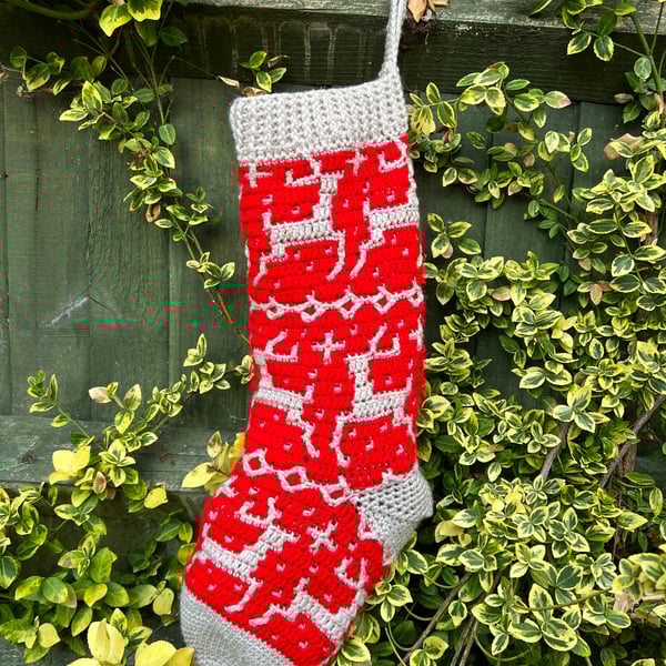 Handmade Red Reindeer Crochet Christmas Stocking