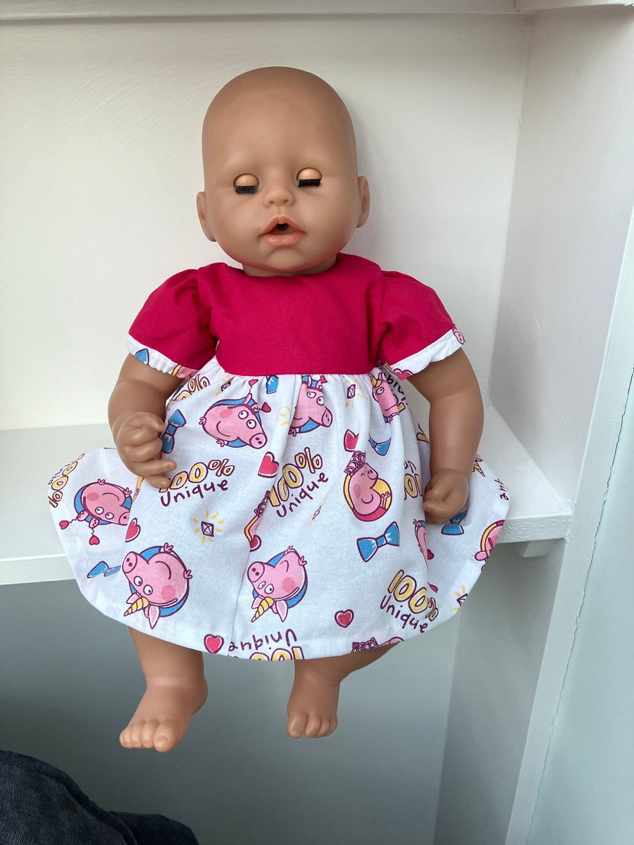 Pink Peppa Pig fabric summer dress for Baby Annabelle soft bodied doll