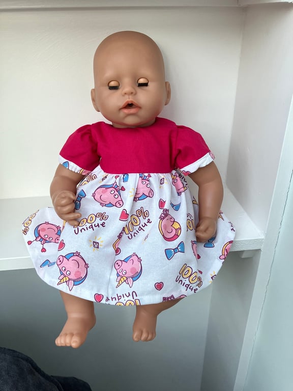 Pink Peppa Pig fabric summer dress for Baby Annabelle soft bodied doll